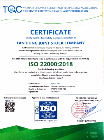 ISO 22000:2018 - Bao PP Dệt Tân Hưng - Công Ty Cổ Phần Tân Hưng